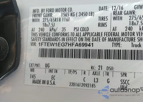 2017 Ford F-150 Lariat z USA, uszkodzony, nr VIN 1FTEW1EG7HFA69941